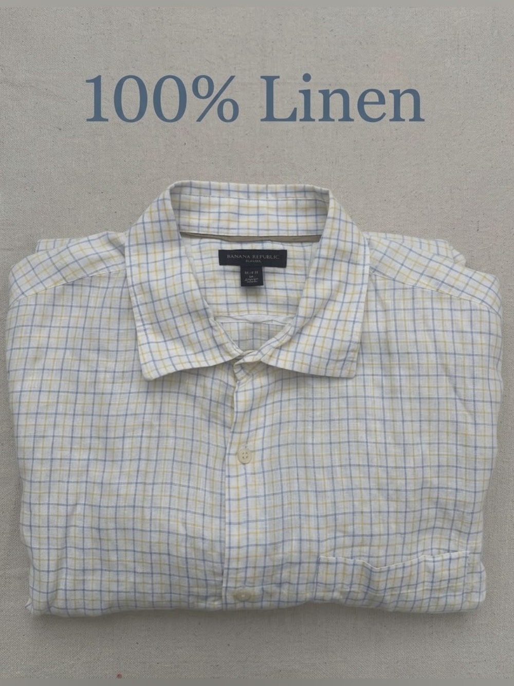 Banana Republic Mens XL 100% Linen Plaid Button Down Shirt Blue Yellow Classic